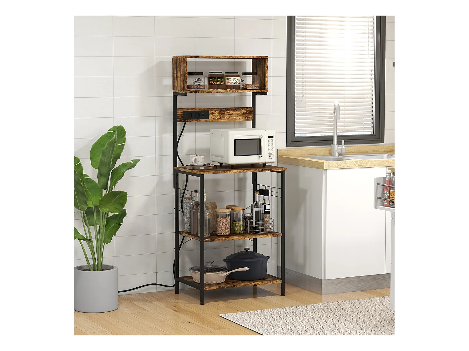 Étagère de cuisine avec multiprise et 2 chargeurs USB - 2 étagères, plateau, niche, 5 crochets - acier noir aspect bois vieilli
