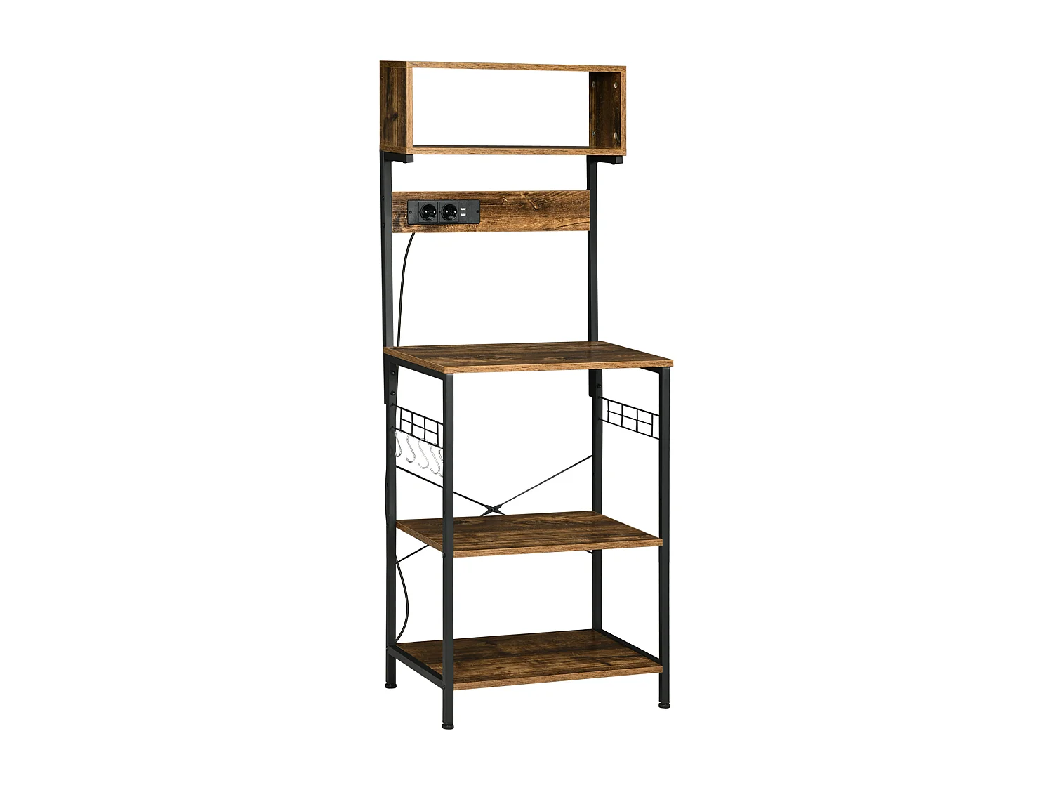 Étagère de cuisine avec multiprise et 2 chargeurs USB - 2 étagères, plateau, niche, 5 crochets - acier noir aspect bois vieilli