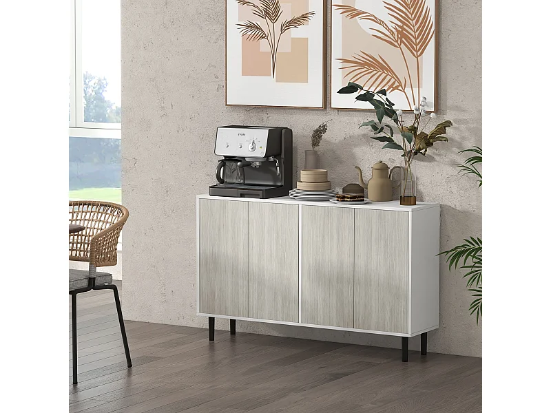 Buffet design contemporain - 4 portes, 2 étagères - dim. 121L x 37l x 75H cm - piètement effilé pin noir blanc aspect bois gris