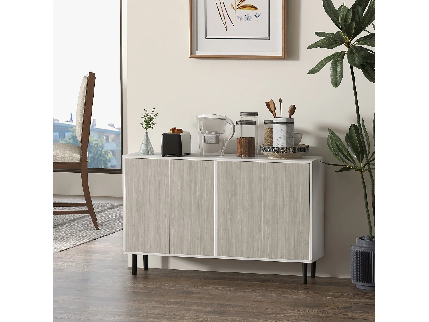 Buffet design contemporain - 4 portes, 2 étagères - dim. 121L x 37l x 75H cm - piètement effilé pin noir blanc aspect bois gris