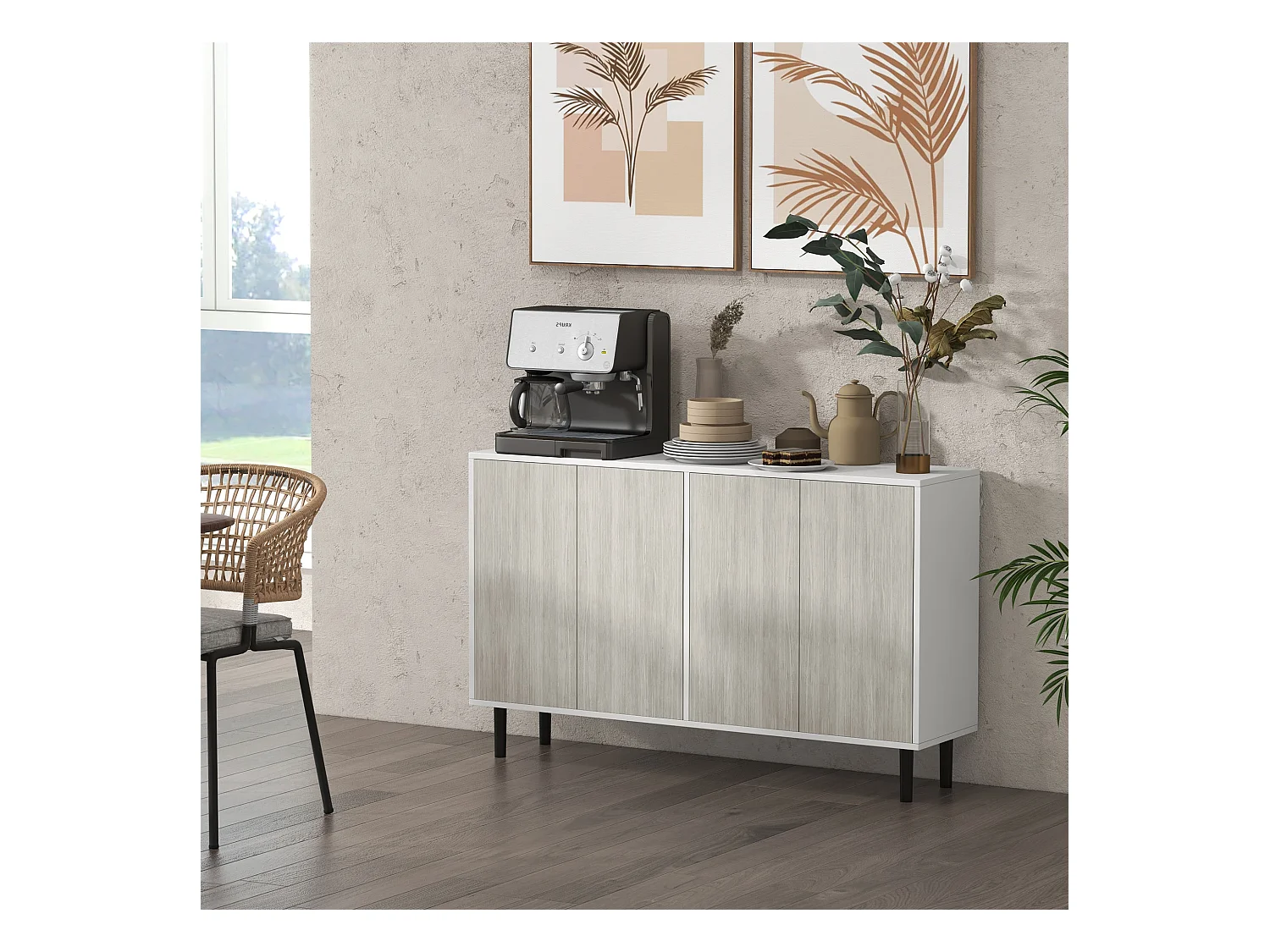 Buffet design contemporain - 4 portes, 2 étagères - dim. 121L x 37l x 75H cm - piètement effilé pin noir blanc aspect bois gris