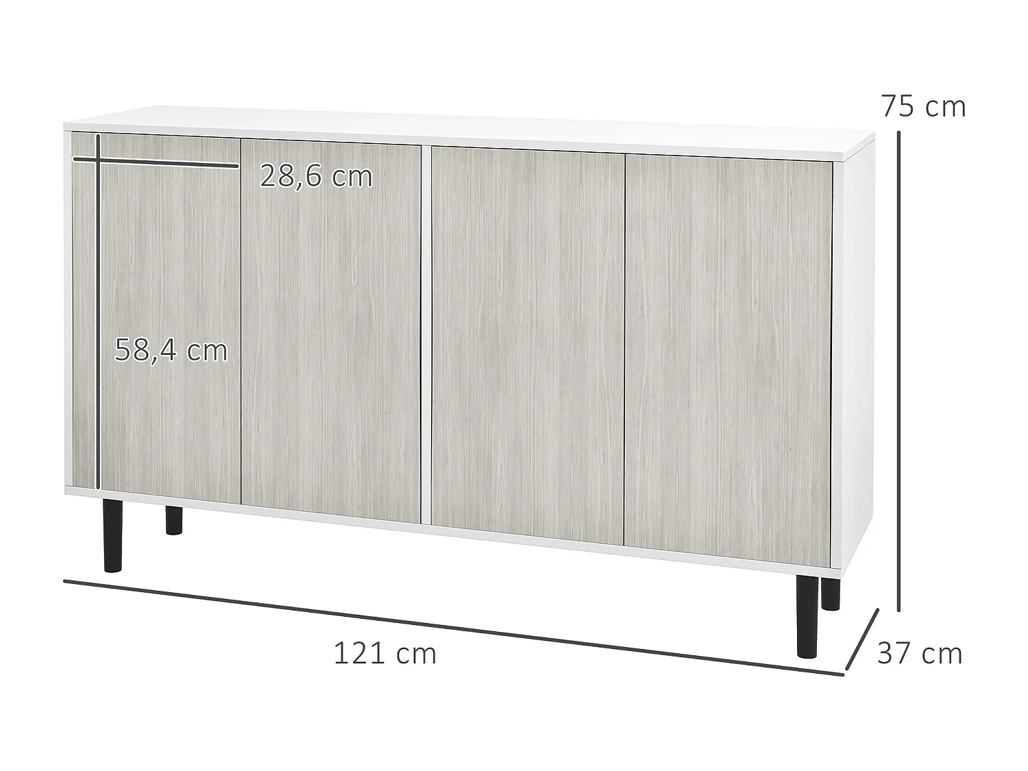 Buffet design contemporain - 4 portes, 2 étagères - dim. 121L x 37l x 75H cm - piètement effilé pin noir blanc aspect bois gris