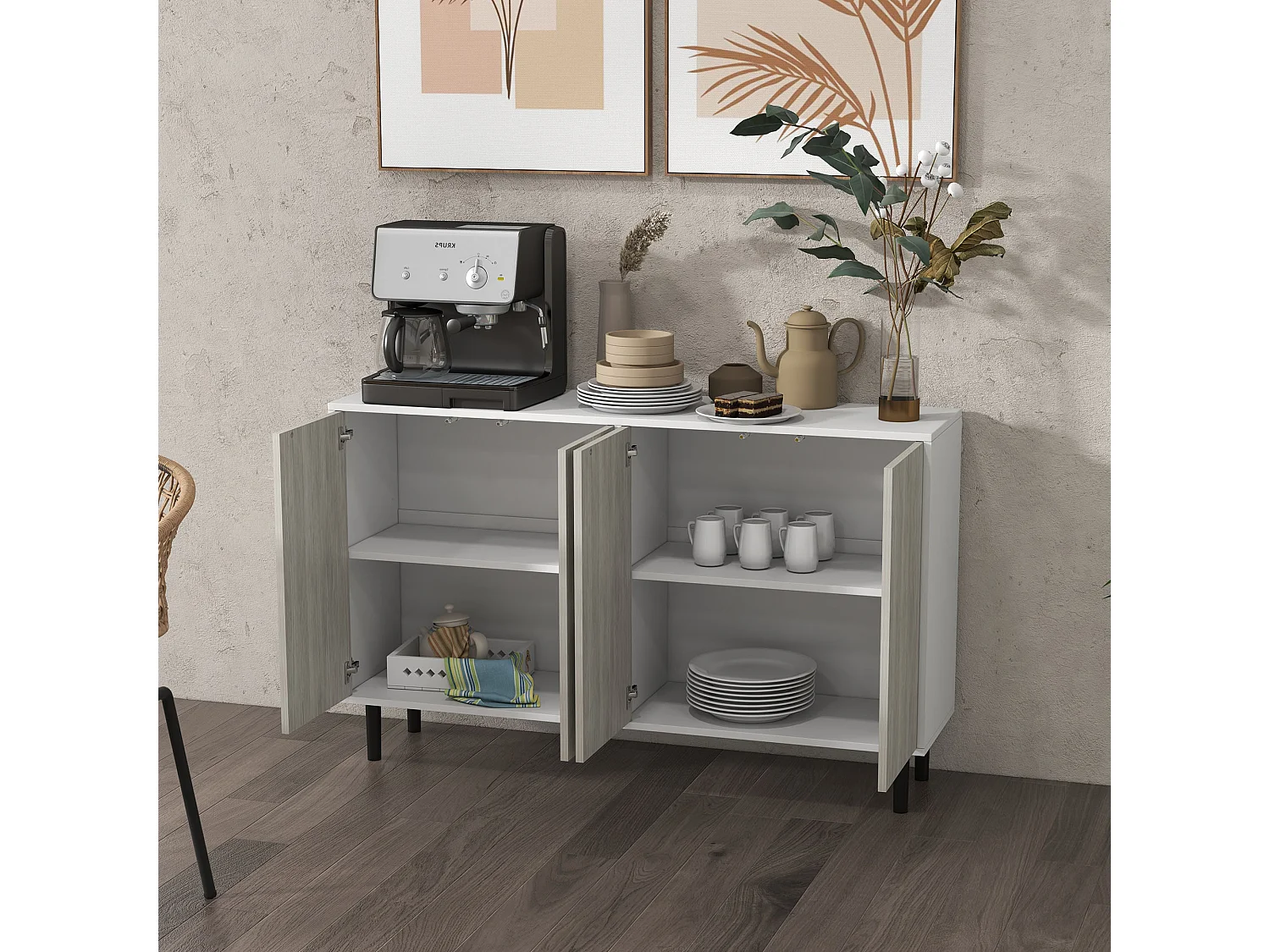 Buffet design 2 portes coulissantes 3 étagères - dim. 150L x 40l x 72H cm - blanc aspect bois clair