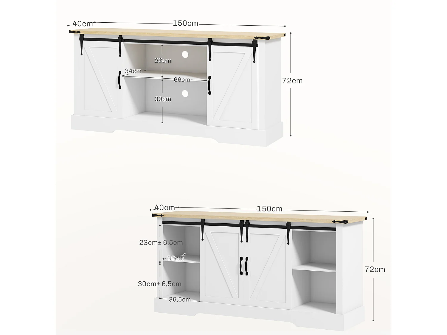 Buffet design 2 portes coulissantes 3 étagères - dim. 150L x 40l x 72H cm - blanc aspect bois clair