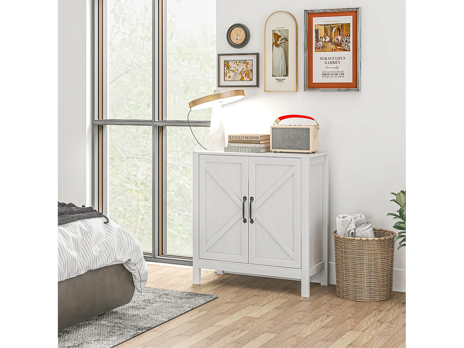 Buffet 2 portes étagère style rustique chic - dim. 80L x 35l x 85H cm - blanc