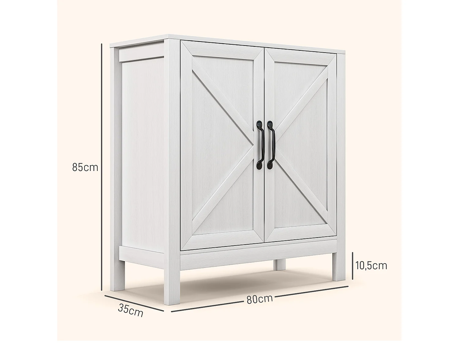 Buffet 2 portes étagère style rustique chic - dim. 80L x 35l x 85H cm - blanc