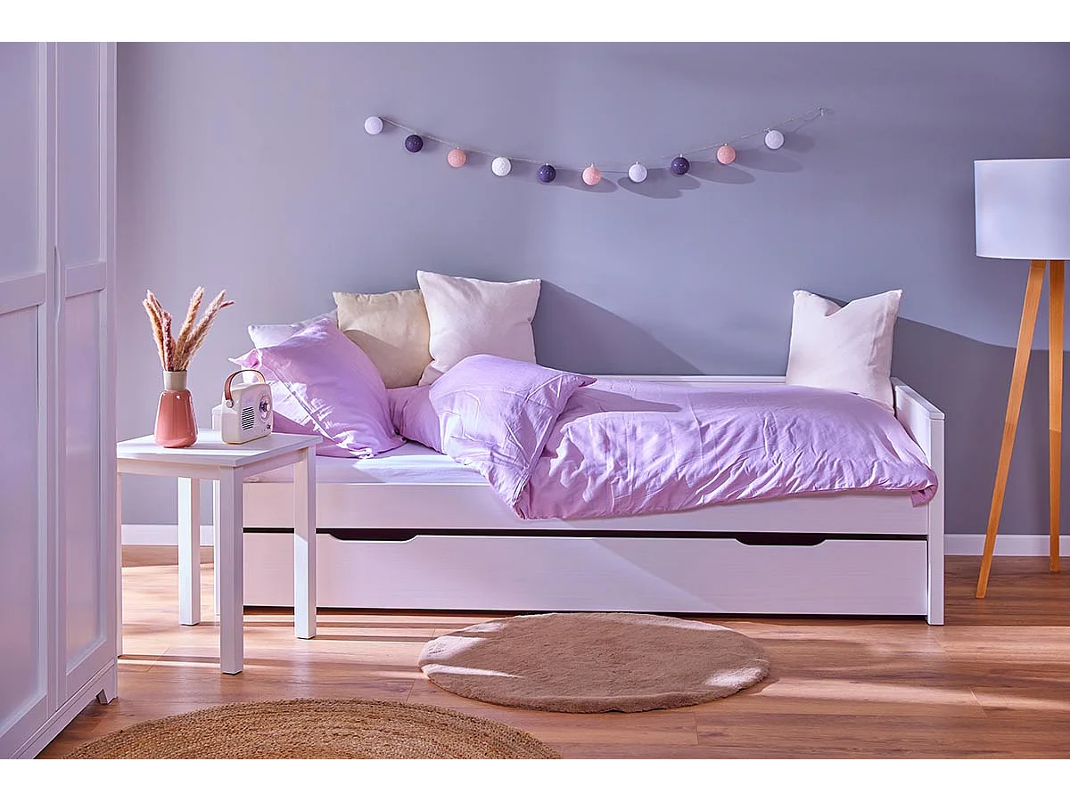 Lit multi fonction pour enfant en bois coloris blanc, couchage 90x200 avec sommier - longueur  208 x profondeur 98 x hauteur 60 cm