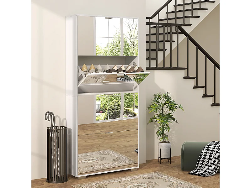 Meuble à chaussures grand miroir 2 en 1 - 4 portes abattantes, étagères réglables - blanc verre