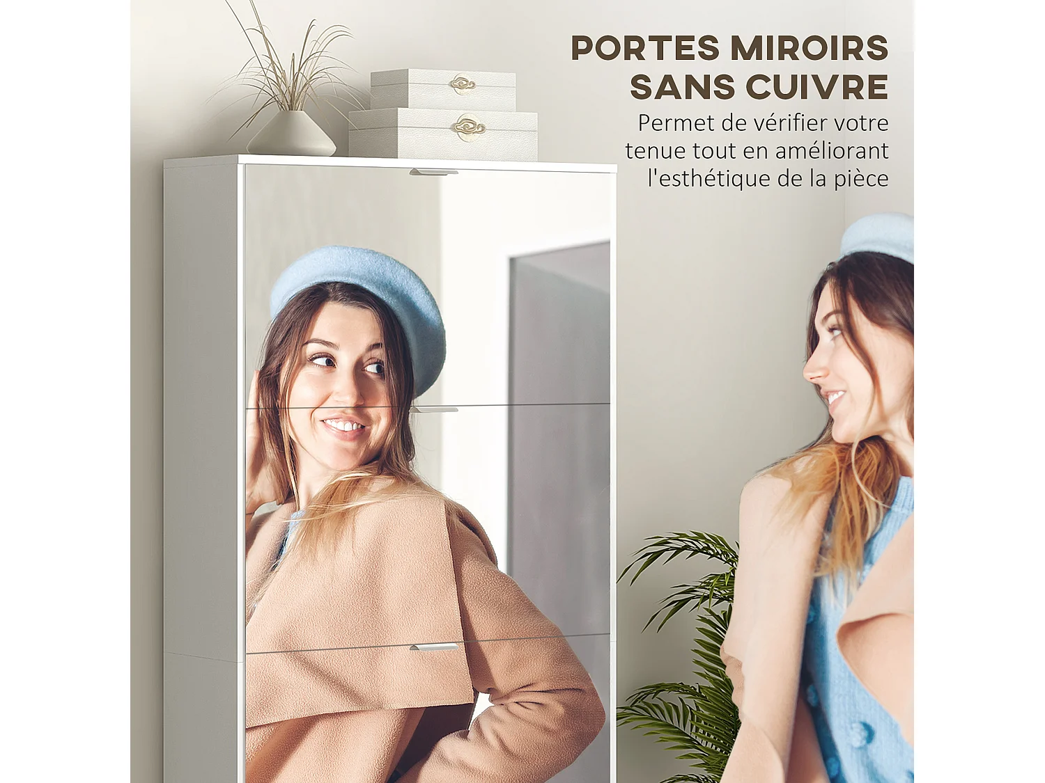 Meuble à chaussures grand miroir 2 en 1 - 4 portes abattantes, étagères réglables - blanc verre