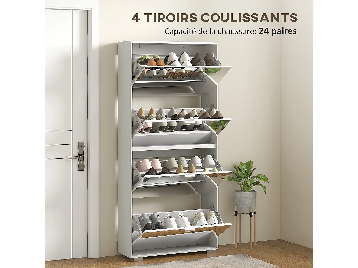 Meuble à chaussures grand miroir 2 en 1 - 4 portes abattantes, étagères réglables - blanc verre