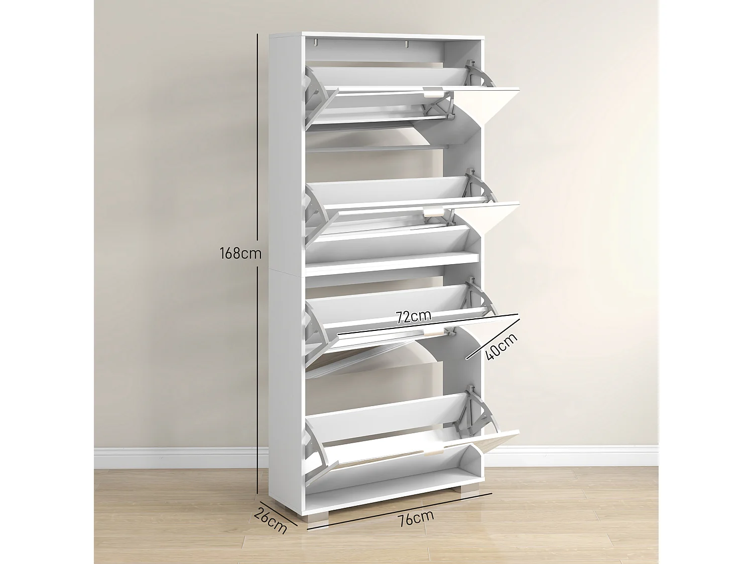 Meuble à chaussures grand miroir 2 en 1 - 4 portes abattantes, étagères réglables - blanc verre