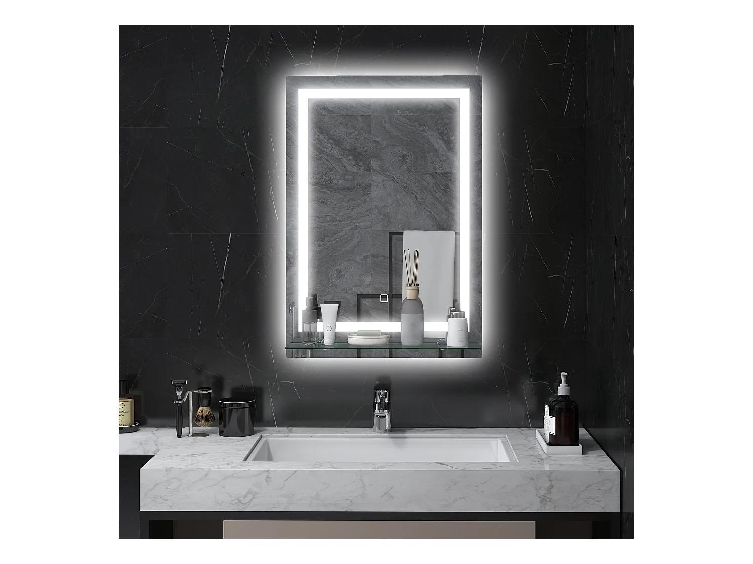 Miroir lumineux LED 20 W interrupteur tactile étagère intégrée 50L x 12l x 70H cm