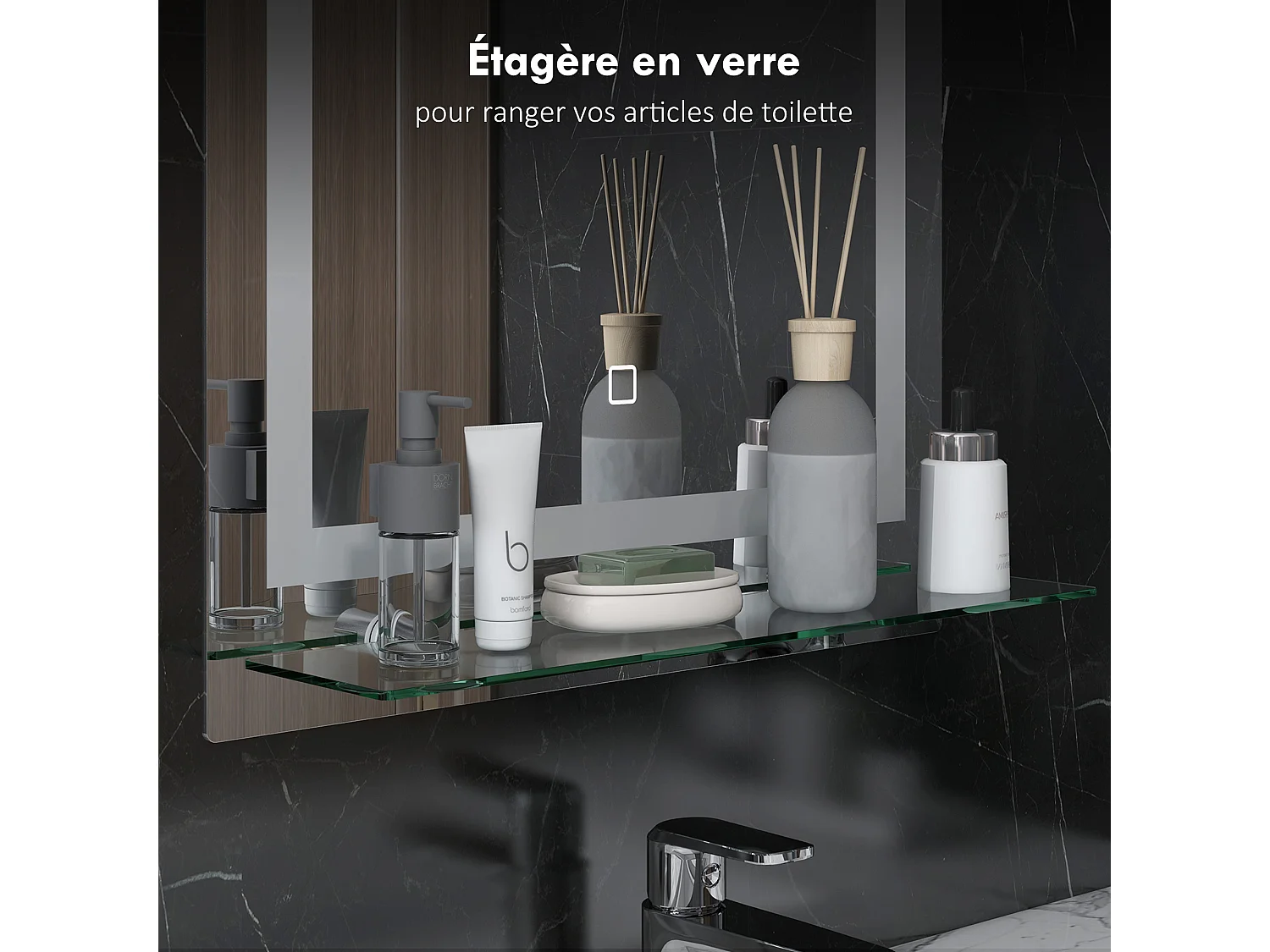 Miroir lumineux LED 20 W interrupteur tactile étagère intégrée 50L x 12l x 70H cm