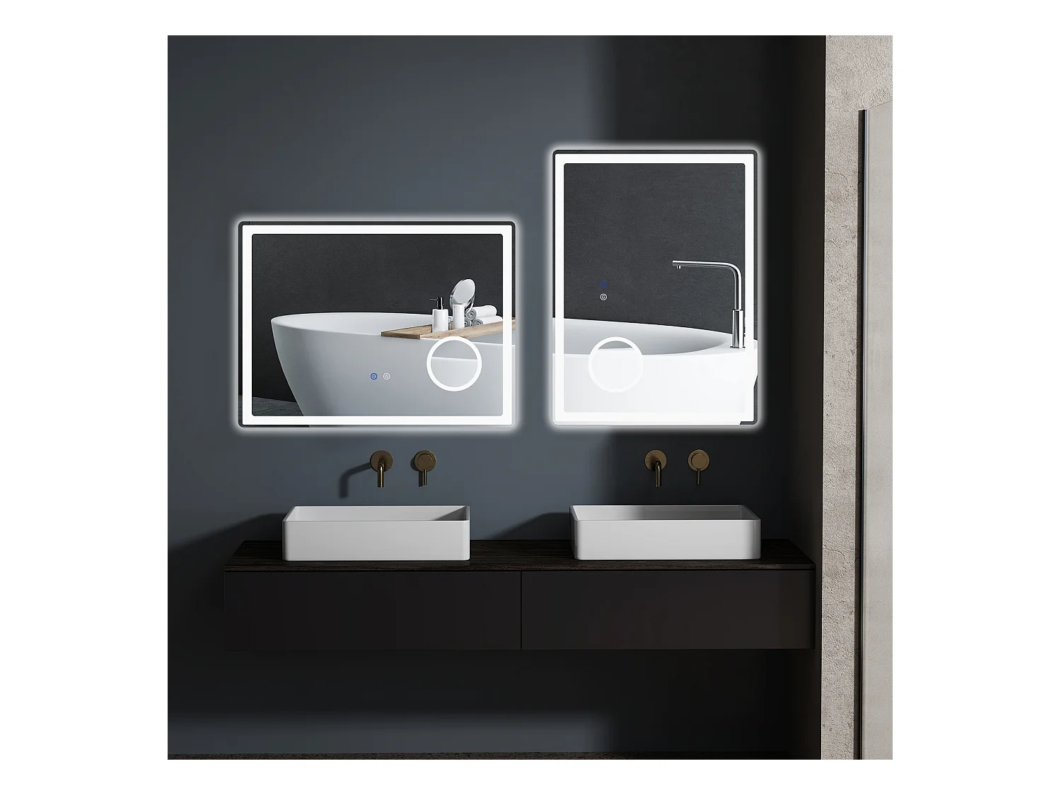 Miroir lumineux LED salle de bain dim. 80L x 60H cm anti-buée grossissant x3 réglable fonction mémoire