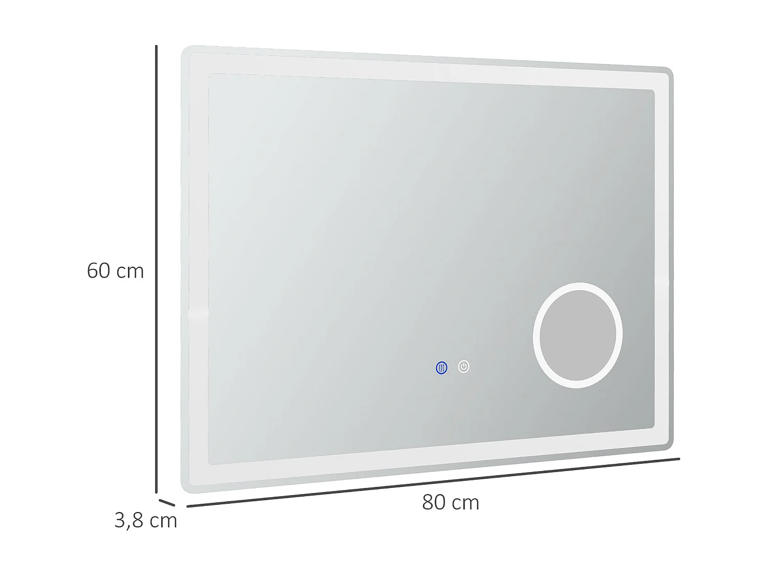 Miroir lumineux LED salle de bain dim. 80L x 60H cm anti-buée grossissant x3 réglable fonction mémoire