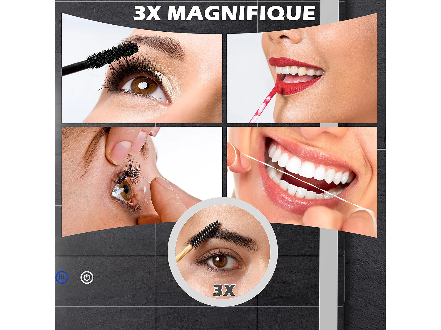 Miroir lumineux LED salle de bain dim. 80L x 60H cm anti-buée grossissant x3 réglable fonction mémoire