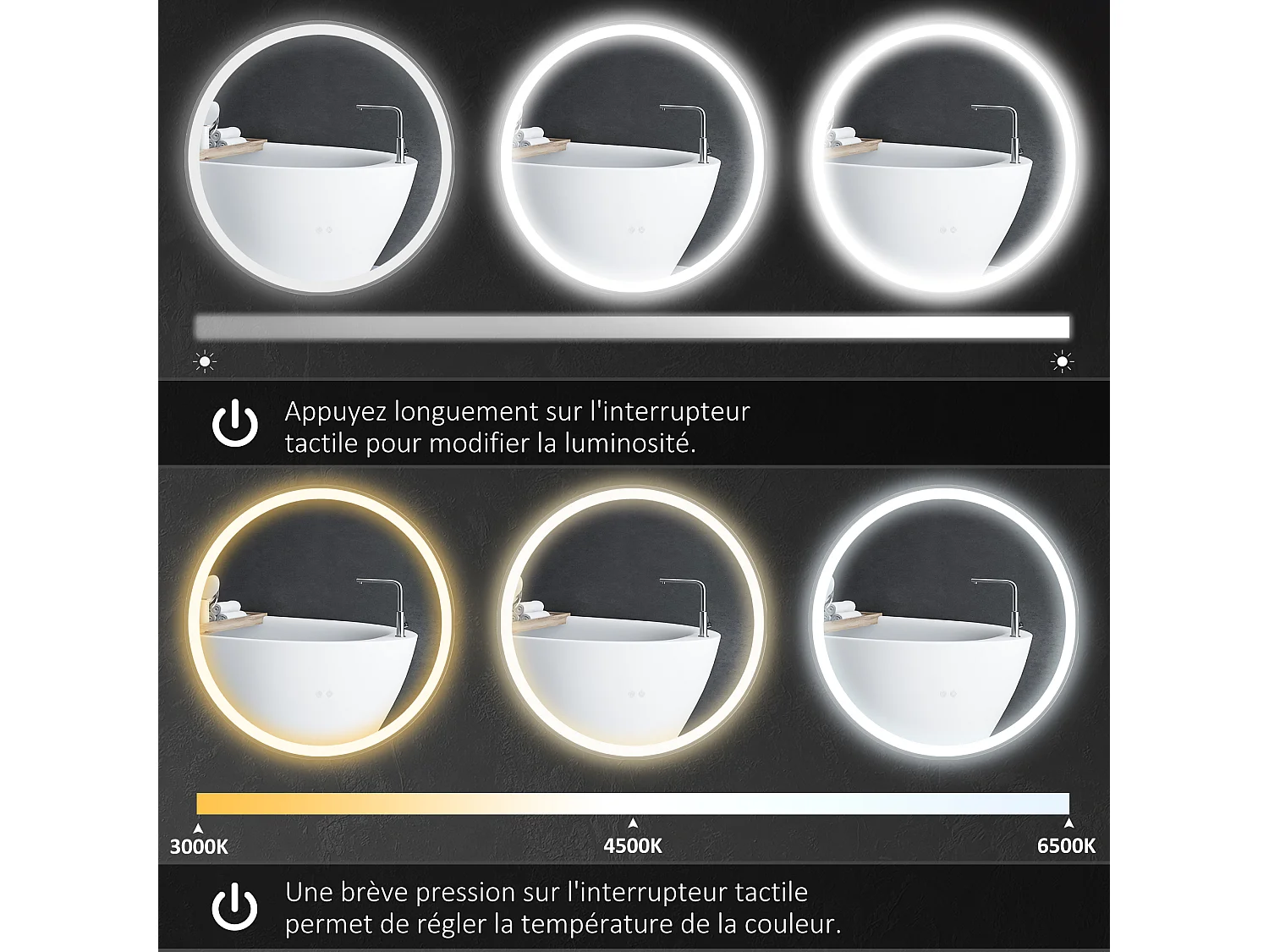 Miroir rond lumineux LED de salle de bain 23 W Ø 70 cm tactile antibuée blanc argent