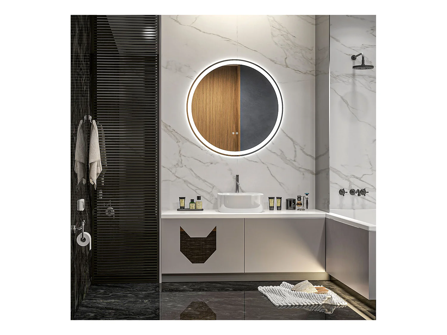 Miroir rond lumineux LED de salle de bain 23 W Ø 70 cm tactile antibuée blanc argent