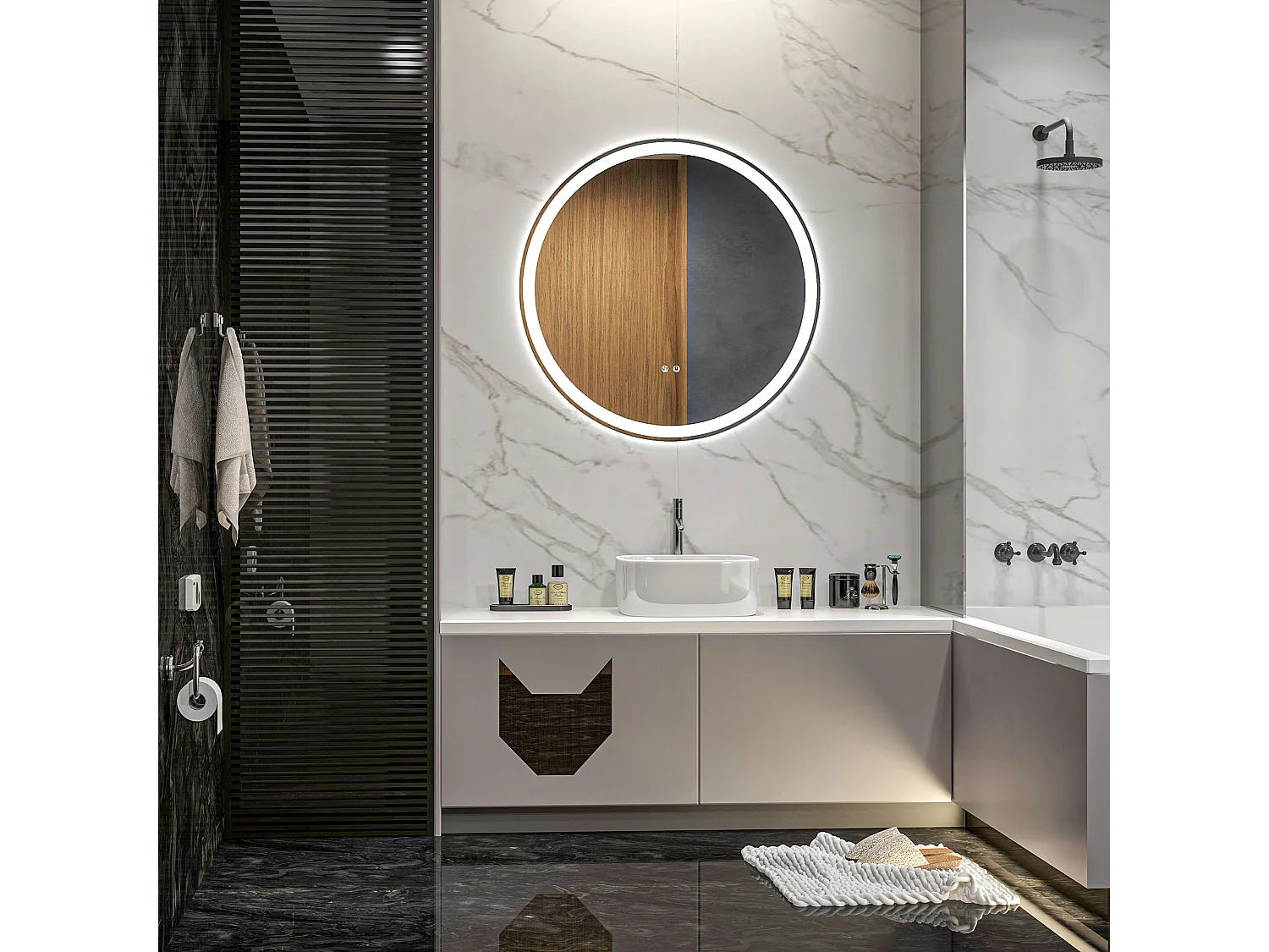 Miroir rond lumineux LED de salle de bain 23 W Ø 70 cm tactile antibuée blanc argent