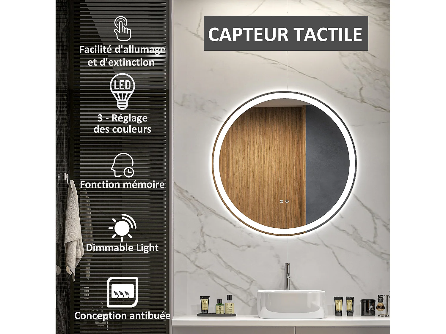 Miroir rond lumineux LED de salle de bain 23 W Ø 70 cm tactile antibuée blanc argent