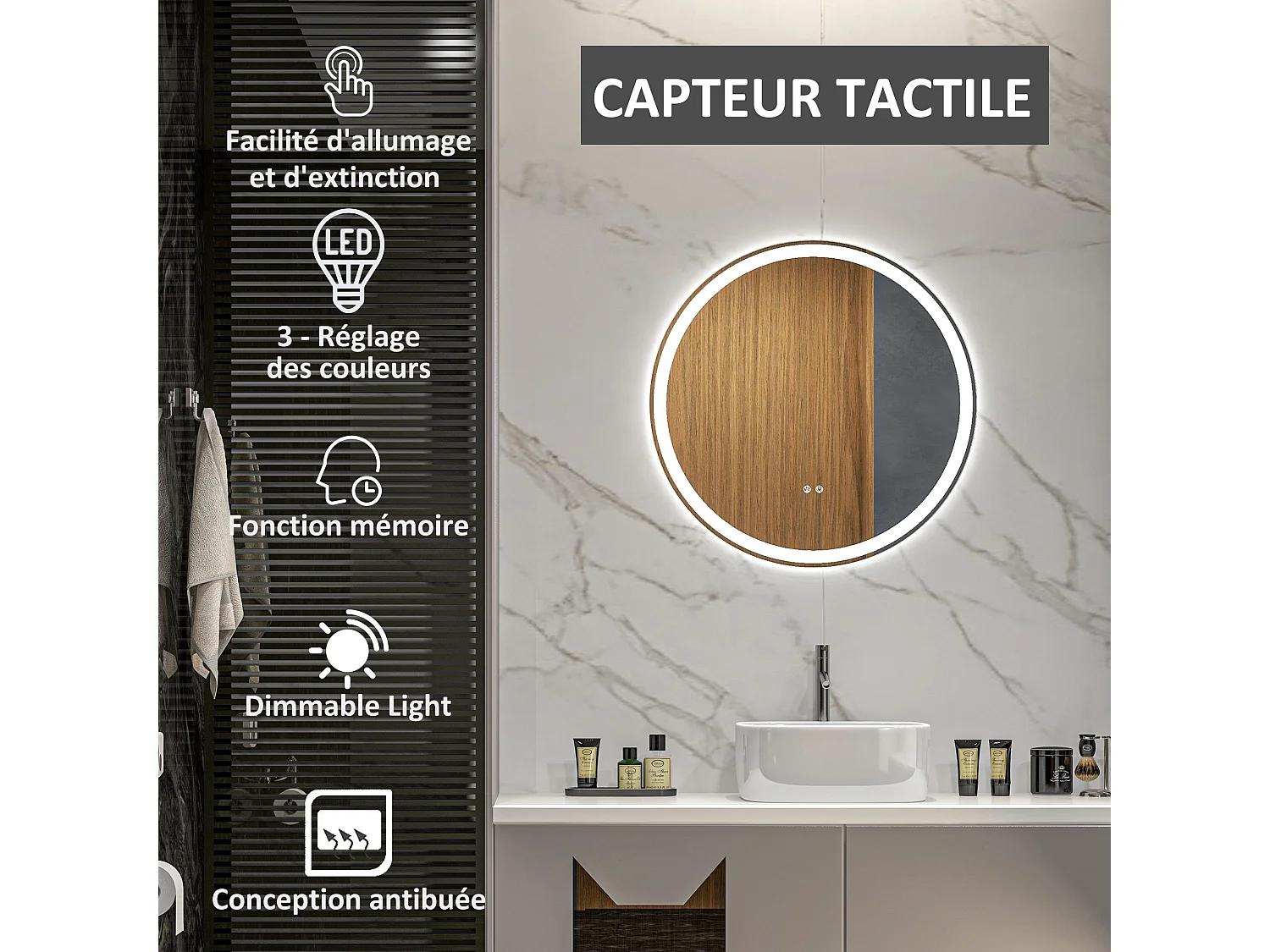 Miroir rond lumineux LED de salle de bain 29 W Ø 60 cm tactile antibuée blanc argent