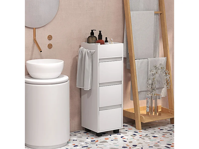 Meuble de salle de bain meuble de rangement avec 4 compartiments sur le dessus, 3 tiroirs et porte-serviettes pour les espaces étroits, 35 x 30 x 90cm, blanc