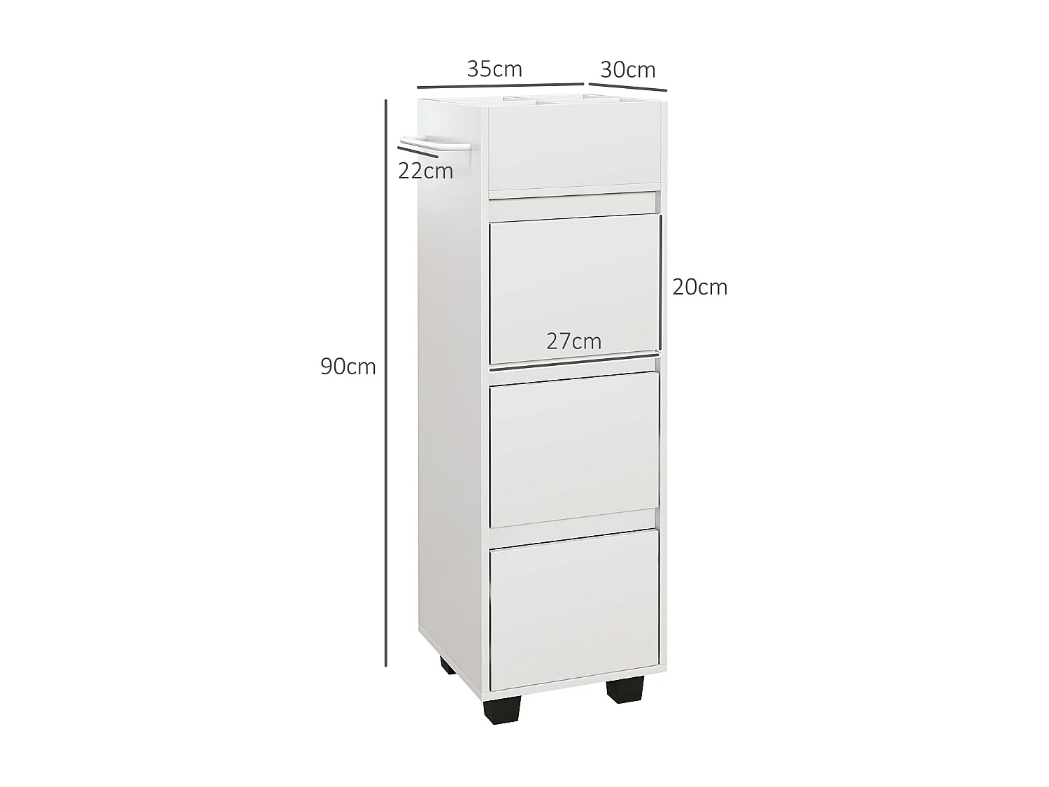 Meuble de salle de bain meuble de rangement avec 4 compartiments sur le dessus, 3 tiroirs et porte-serviettes pour les espaces étroits, 35 x 30 x 90cm, blanc