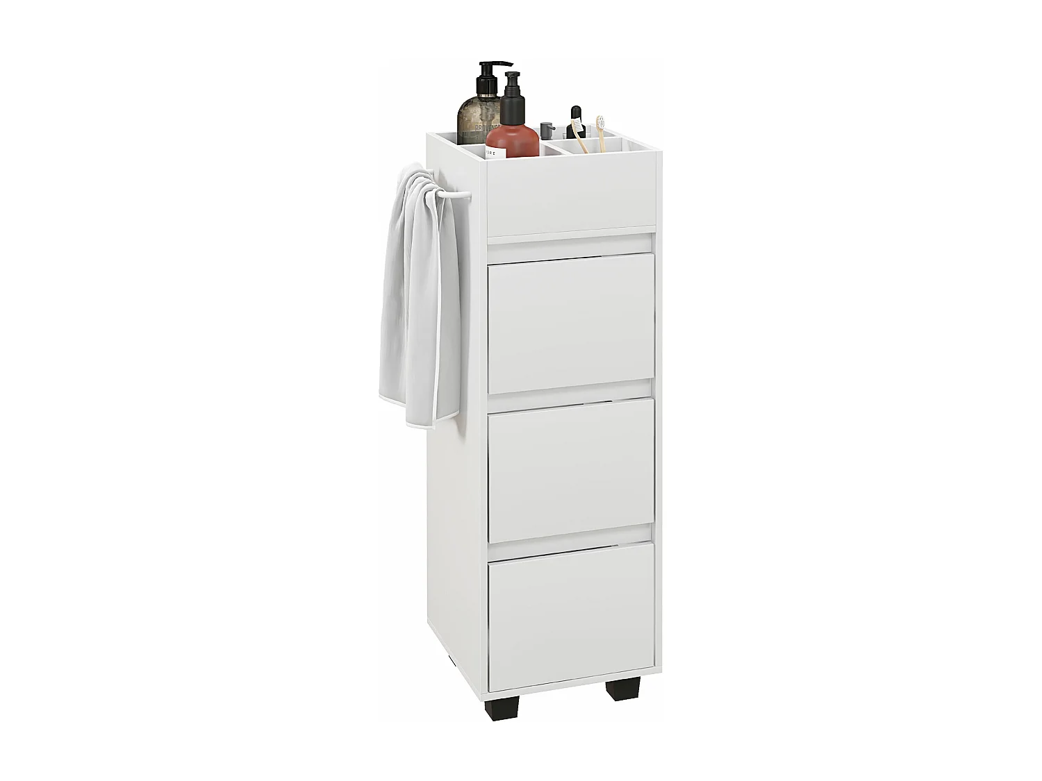 Meuble de salle de bain meuble de rangement avec 4 compartiments sur le dessus, 3 tiroirs et porte-serviettes pour les espaces étroits, 35 x 30 x 90cm, blanc