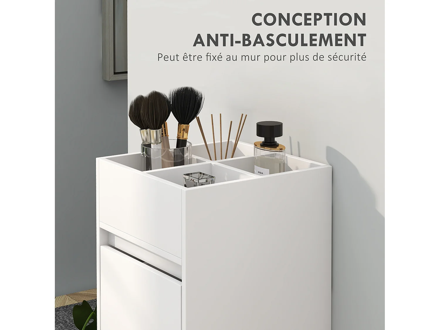 Meuble de salle de bain meuble de rangement avec 4 compartiments sur le dessus, 3 tiroirs et porte-serviettes pour les espaces étroits, 35 x 30 x 90cm, blanc