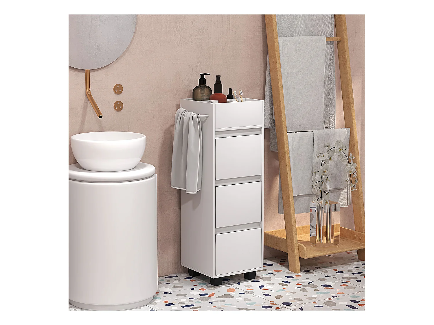 Meuble de salle de bain meuble de rangement avec 4 compartiments sur le dessus, 3 tiroirs et porte-serviettes pour les espaces étroits, 35 x 30 x 90cm, blanc