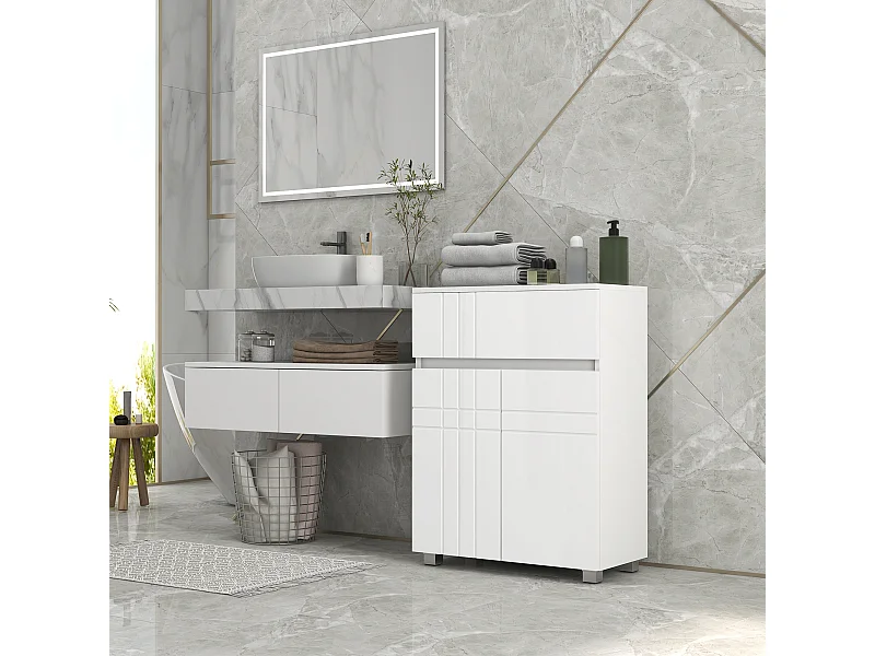 Meuble bas de salle de bain design contemporain - 2 portes façades laquées, étagère, tiroir - blanc