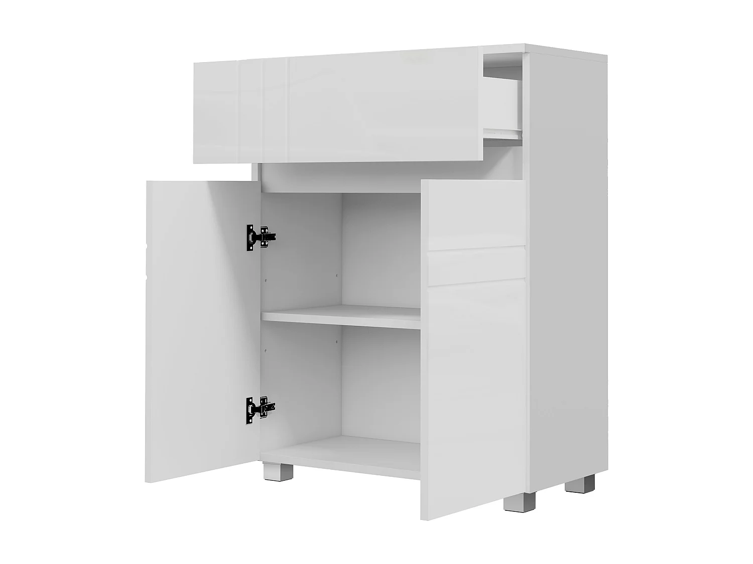 Meuble bas de salle de bain design contemporain - 2 portes façades laquées, étagère, tiroir - blanc