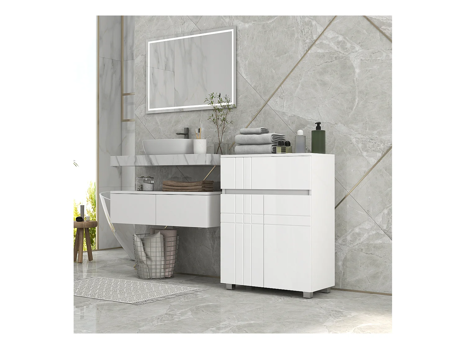 Meuble bas de salle de bain design contemporain - 2 portes façades laquées, étagère, tiroir - blanc