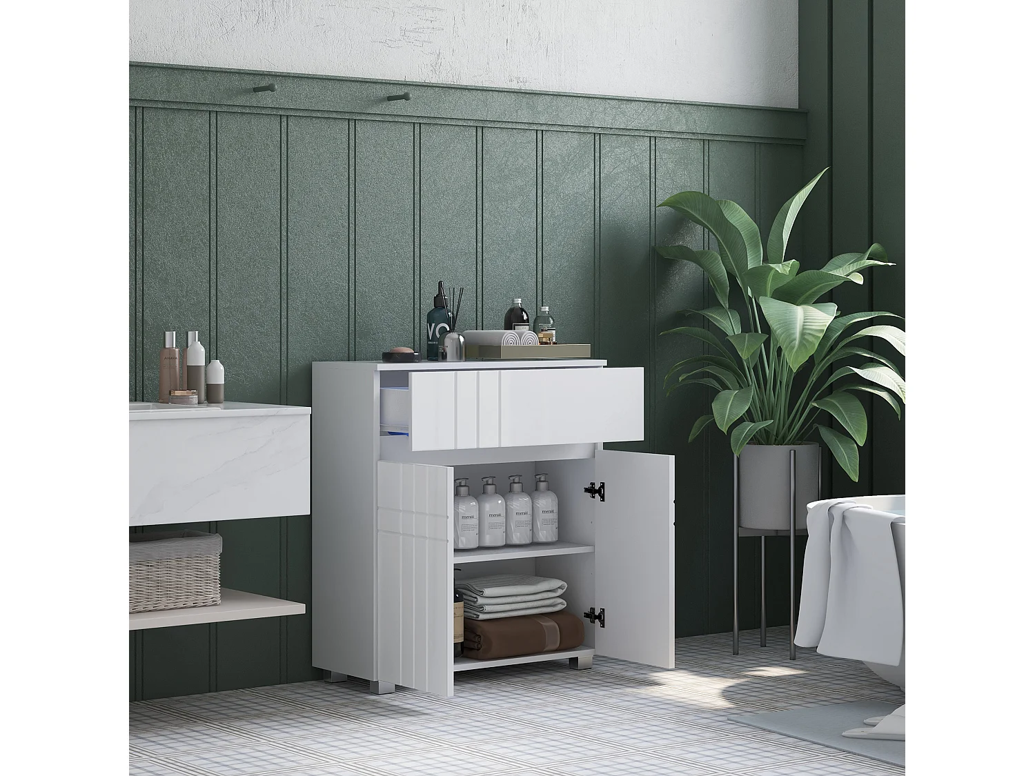 Meuble bas de salle de bain design contemporain - 2 portes façades laquées, étagère, tiroir - blanc