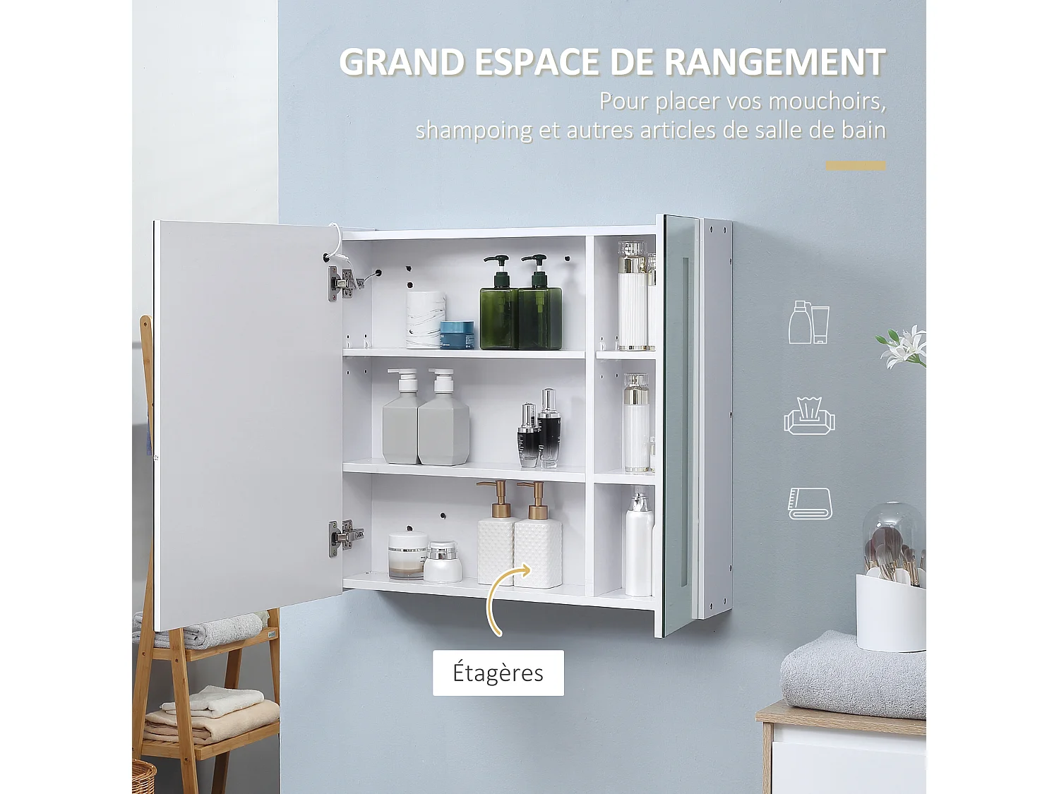 Armoire de toilette miroir lumineux LED 2 portes 3 niv. blanc