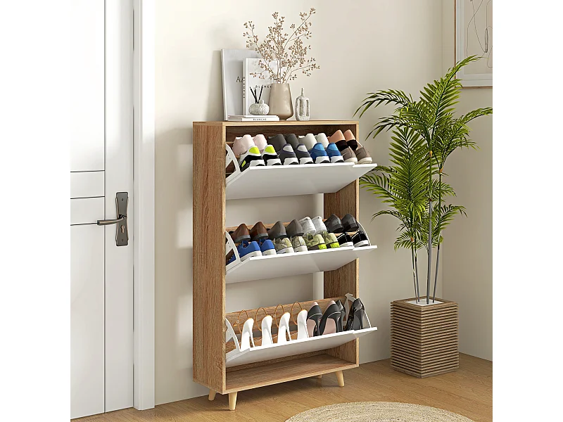 Meuble à chaussures design scandinave - 3 portes abattantes - panneaux blanc aspect bois naturel