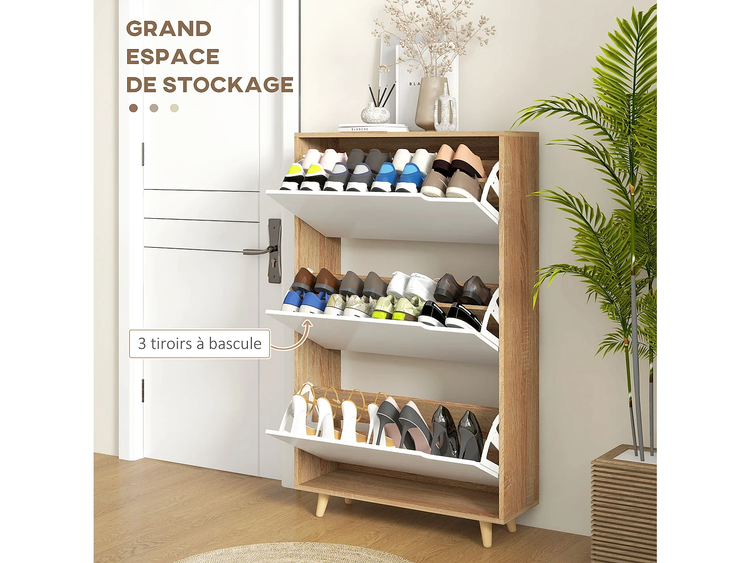 Meuble à chaussures design scandinave - 3 portes abattantes - panneaux blanc aspect bois naturel