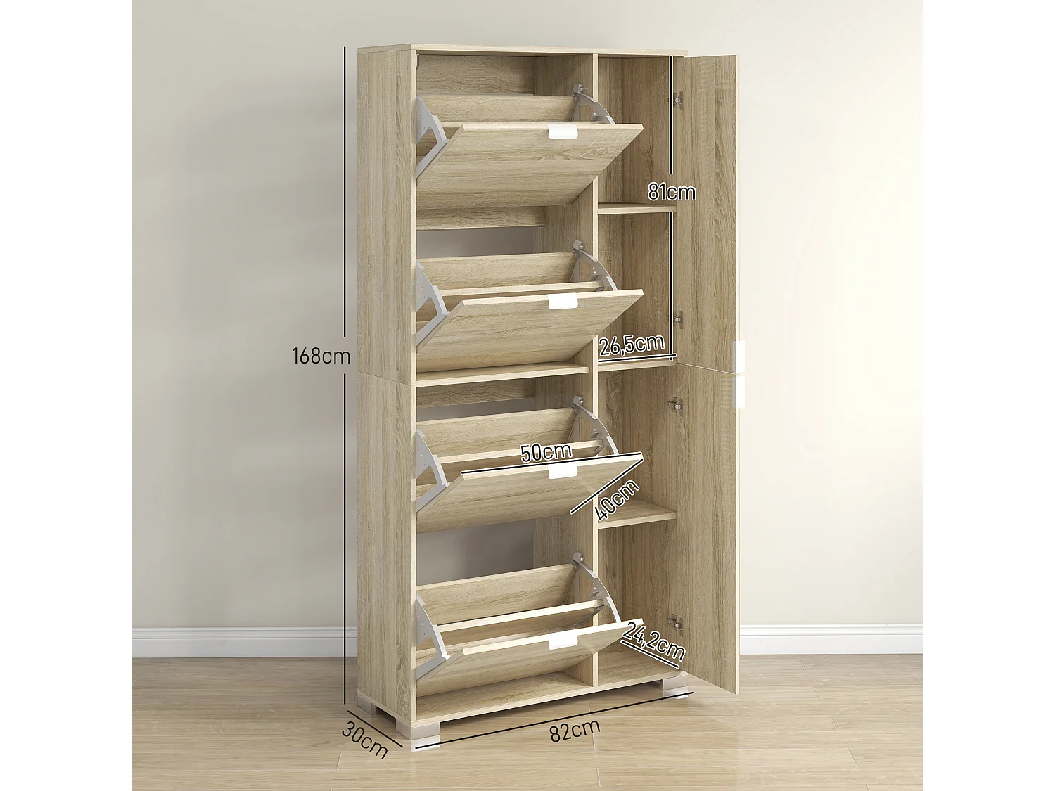 Meuble à chaussures - 4 portes abattantes, 2 portes miroirs, étagères réglables - aspect bois naturel