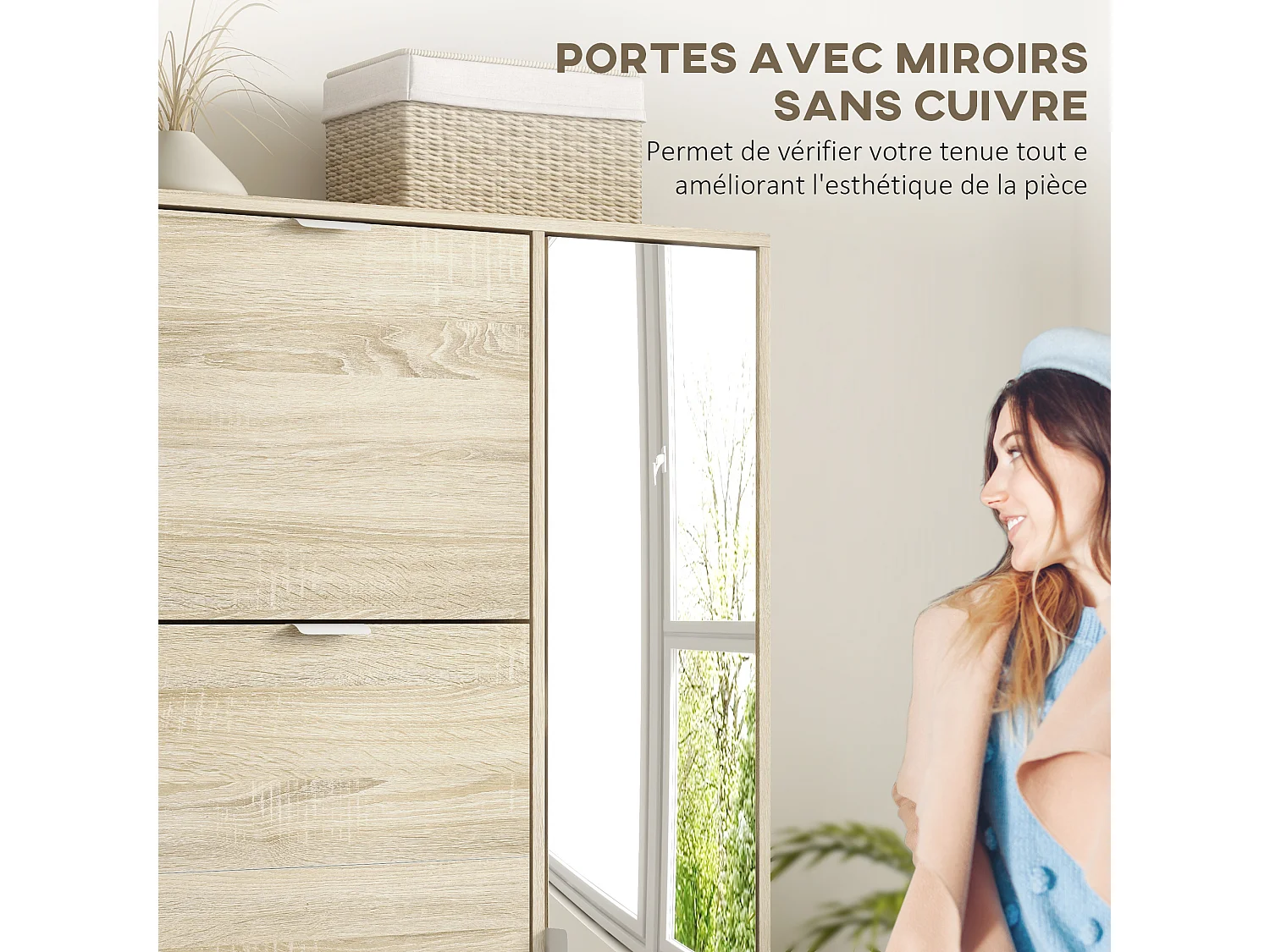 Meuble à chaussures - 4 portes abattantes, 2 portes miroirs, étagères réglables - aspect bois naturel