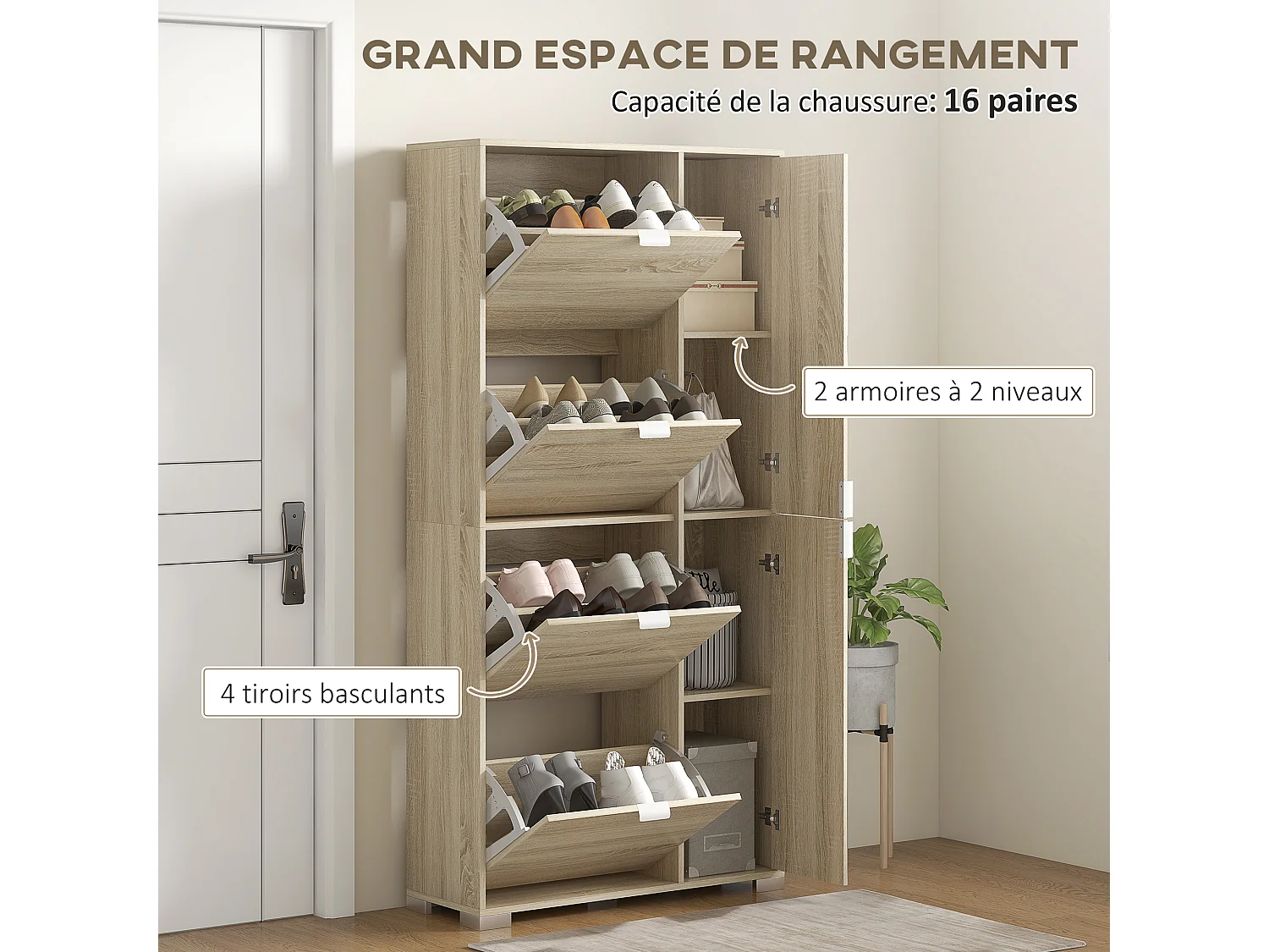 Meuble à chaussures - 4 portes abattantes, 2 portes miroirs, étagères réglables - aspect bois naturel