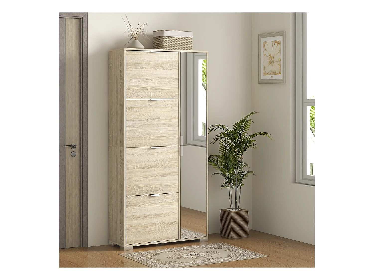 Meuble à chaussures - 4 portes abattantes, 2 portes miroirs, étagères réglables - aspect bois naturel