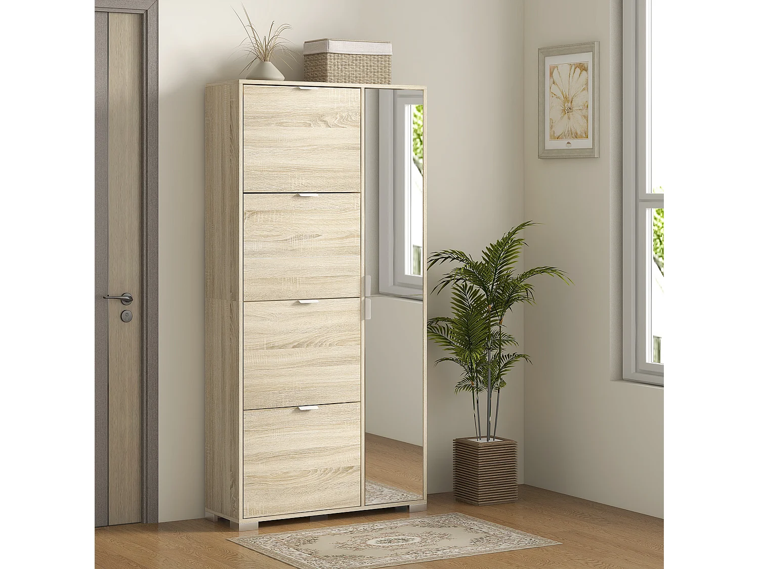 Meuble à chaussures - 4 portes abattantes, 2 portes miroirs, étagères réglables - aspect bois naturel