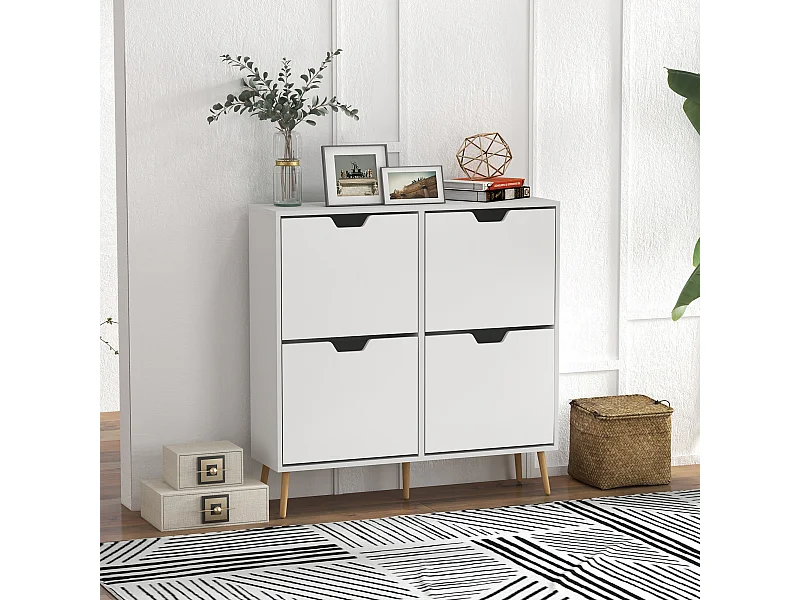 Meuble à chaussures design scandinave 4 portes abattantes 4 étagères réglables bois pin panneaux blanc