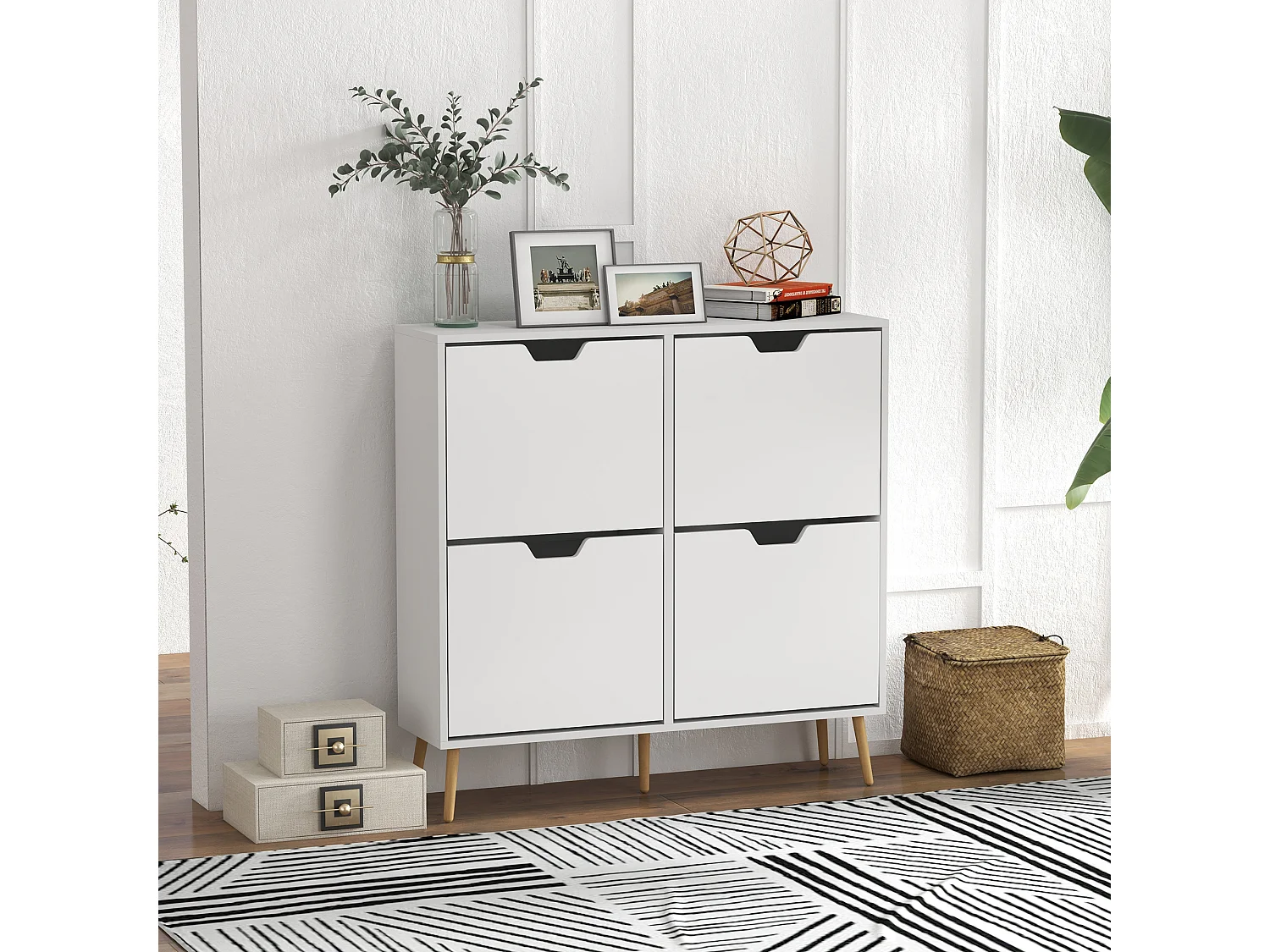 Meuble à chaussures design scandinave 4 portes abattantes 4 étagères réglables bois pin panneaux blanc