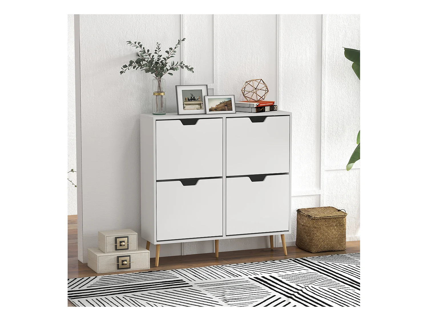 Meuble à chaussures design scandinave 4 portes abattantes 4 étagères réglables bois pin panneaux blanc