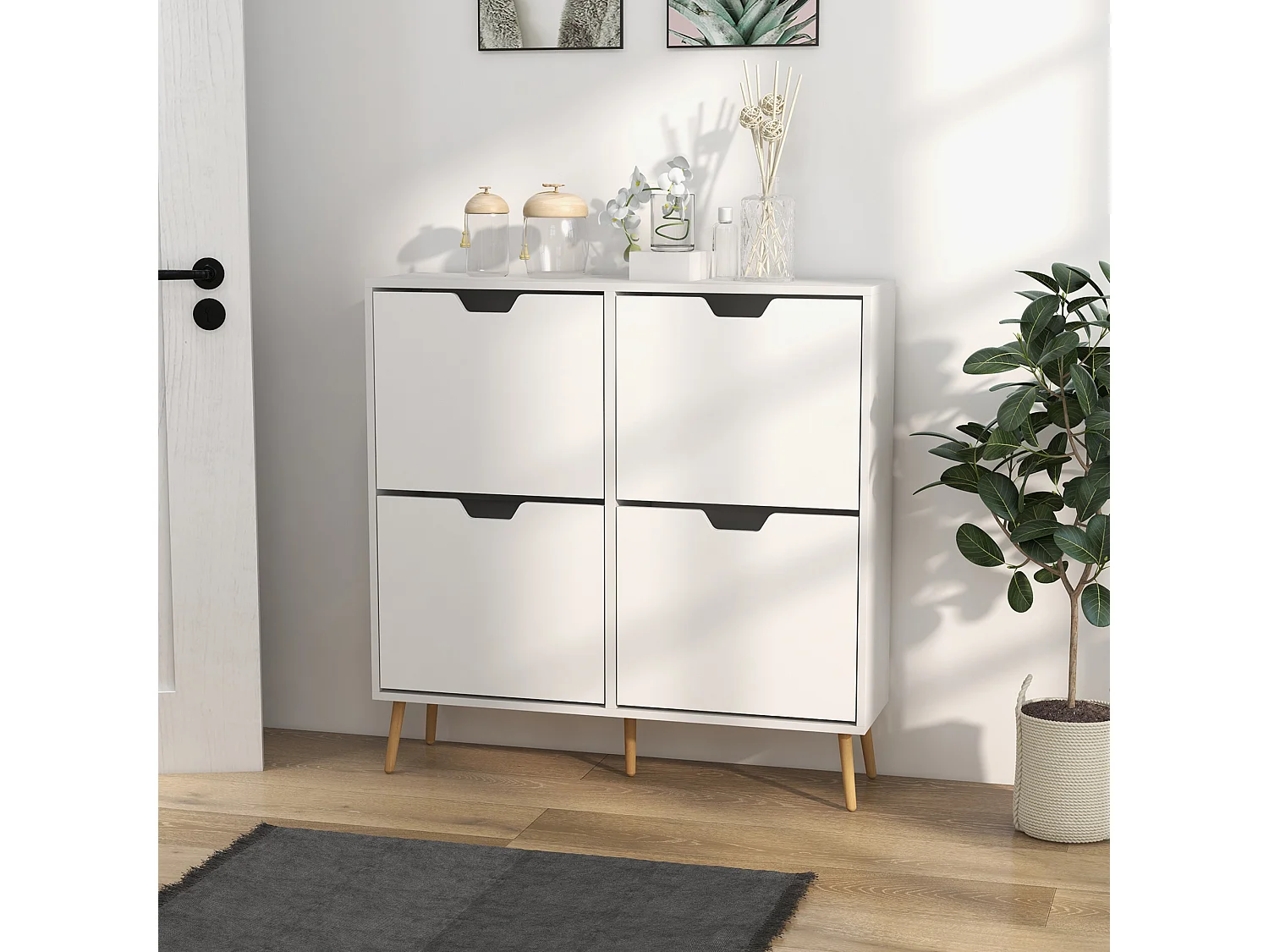 Meuble à chaussures design scandinave 4 portes abattantes 4 étagères réglables bois pin panneaux blanc