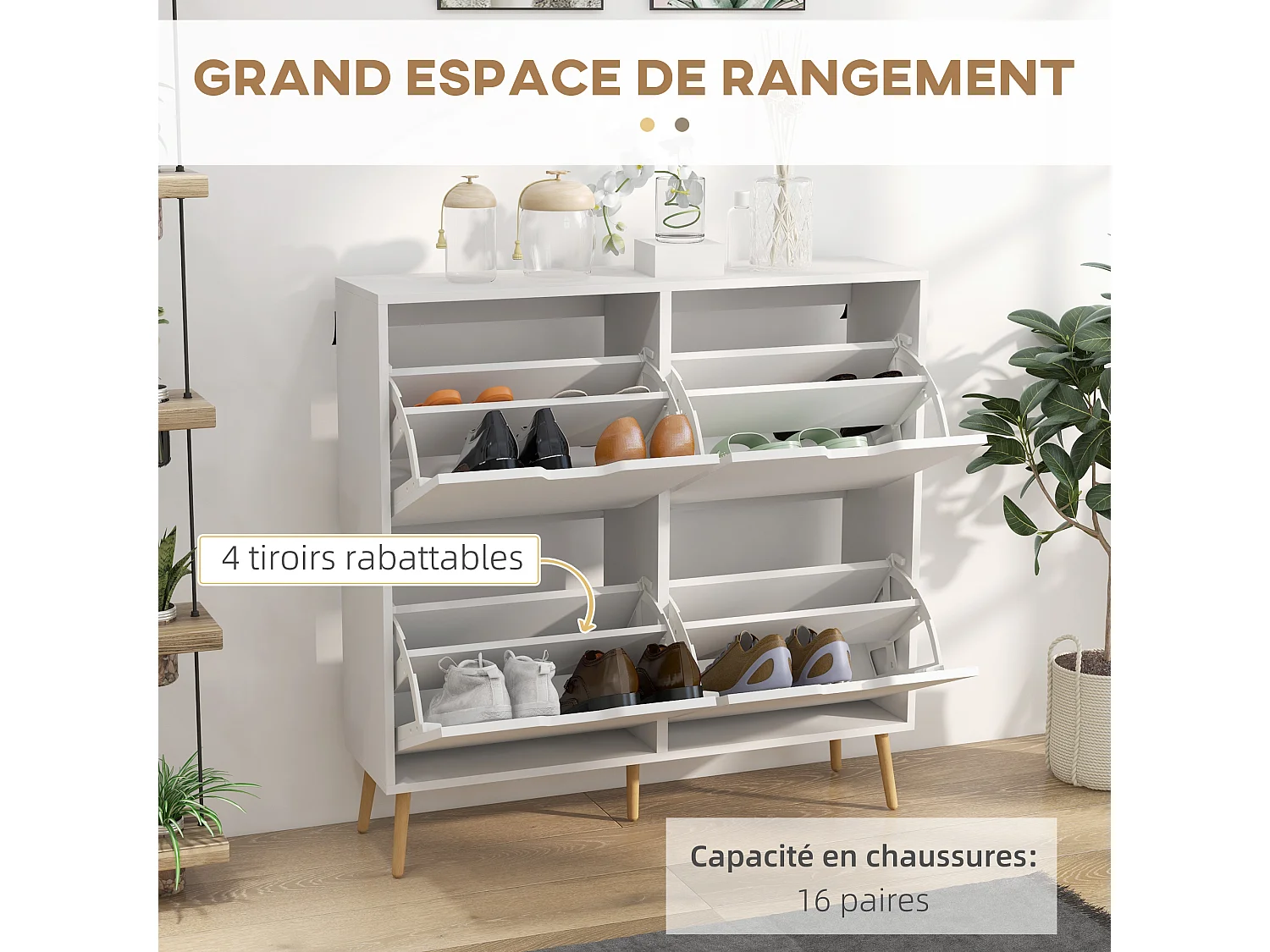 Meuble à chaussures design scandinave 4 portes abattantes 4 étagères réglables bois pin panneaux blanc