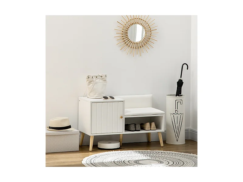 Banc meuble à chaussures 2 en 1 style scandinave - porte, niche, étagère - bois pin blanc