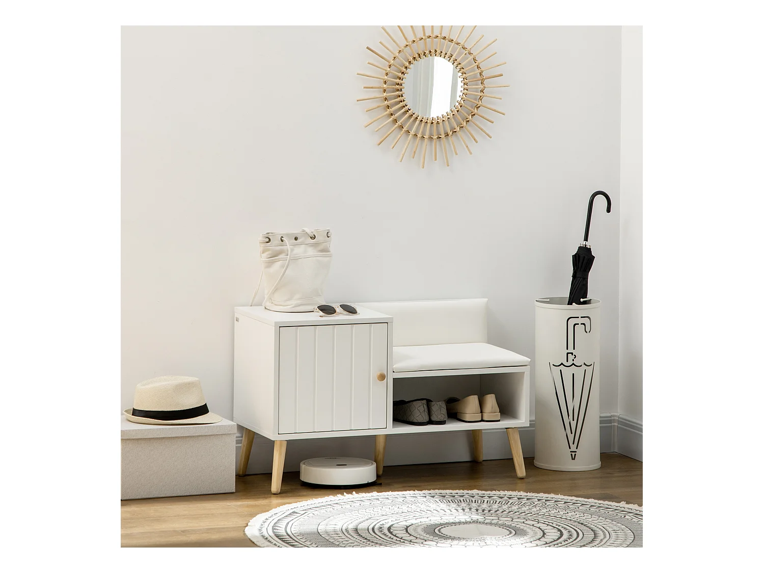 Banc meuble à chaussures 2 en 1 style scandinave - porte, niche, étagère - bois pin blanc