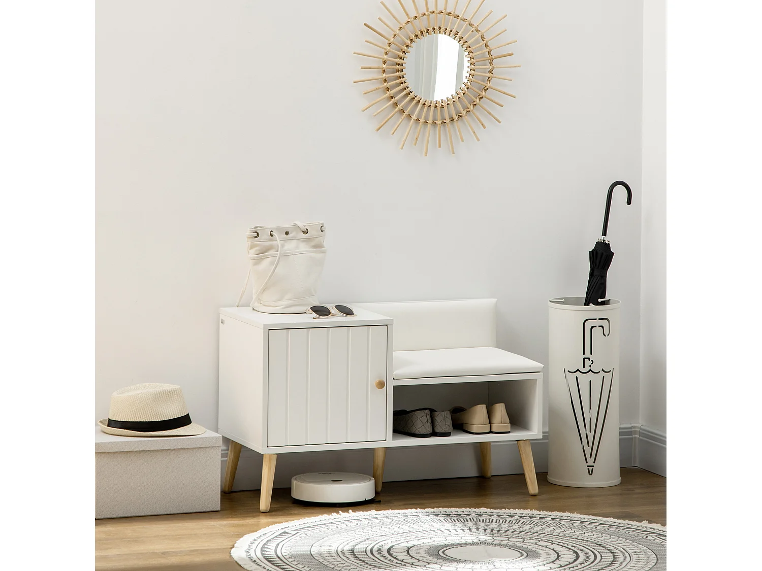 Banc meuble à chaussures 2 en 1 style scandinave - porte, niche, étagère - bois pin blanc
